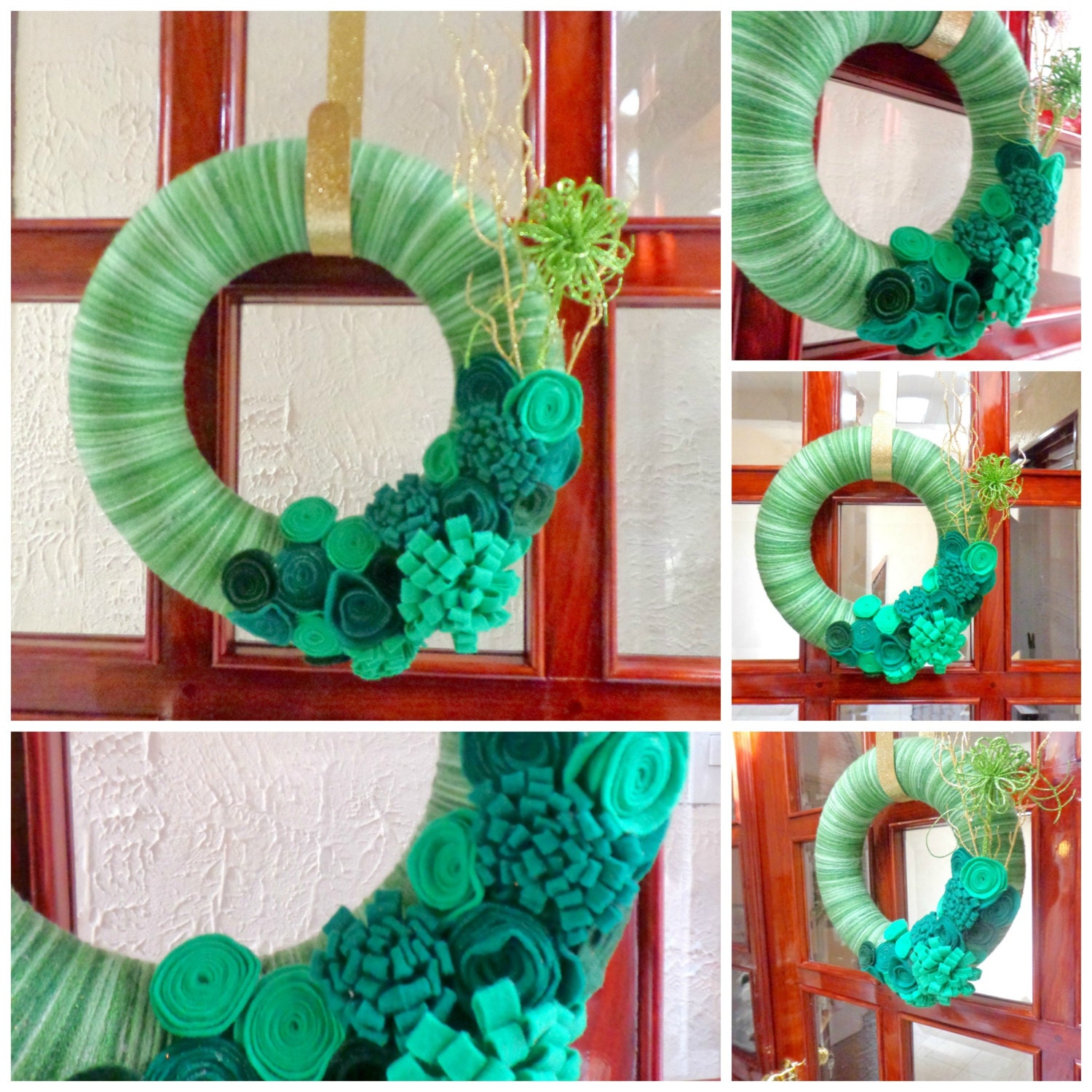 Christmas Wreath - 13 inch - Green Yarn Wrapped Wreath with Green Felt Flowers with green flower and gold sticks accent. Christmas Wreath