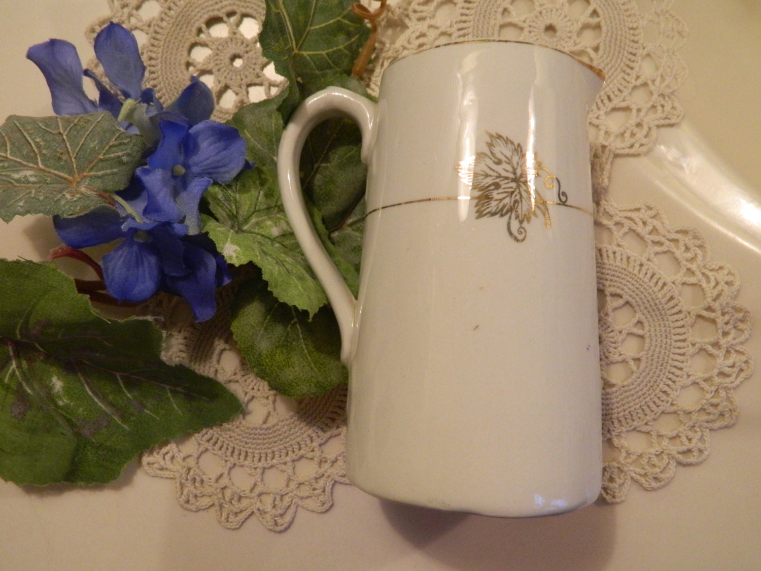 Vintage Ironstone Cream Pitcher With Gold Trim Maple Leaf Stanley