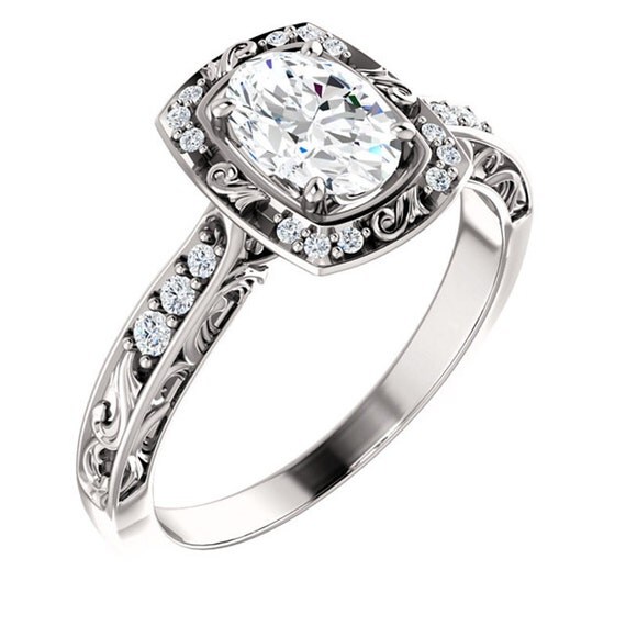 Stunning 1.24 CTW Oval Cut Sculptural Halo Accented Design Engagement Ring in Solid 14K White or Yellow Gold