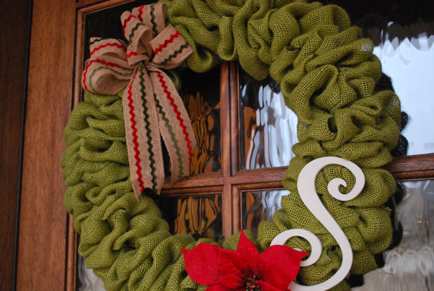Christmas Wreath - Burlap Christmas/Holiday Wreath - Green Burlap Wreath with Poinsettia, Ric Rac Burlap Ribbon and Monogram