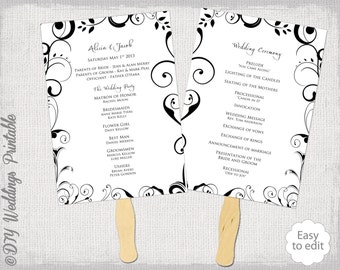 Wedding Program Fan Template Scroll Black And White DIY Order Of Ceremony Printable Wedding Program Fan Template Scroll Black And White DIY Order Of Ceremony Printable
