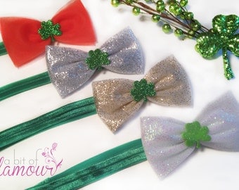 St.Patrick's Day Hair Bows / Orange, Silver, Gold or White Sparkly Bows with Green Clover / Headband or Clip / Made in USA