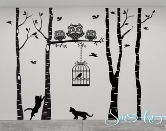 96" x 106 " Birch tree birds cage owl cat design Vinyl DECAL Wall art Wall stickers No background large size home decor bedroom livingroom