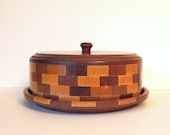Vintage Cake Plate with Dome Lid Cake Saver Wood Checkerboard Pattern California Redwood Made in San Francisco California Circa 1930's/40's