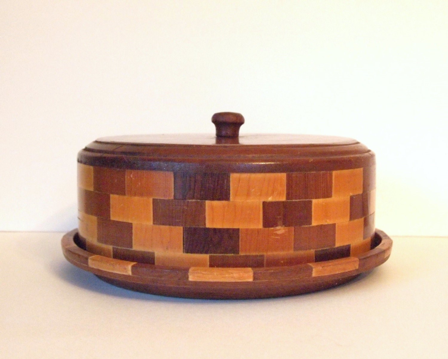 Vintage Cake Plate with Dome Lid Cake Saver Wood Checkerboard