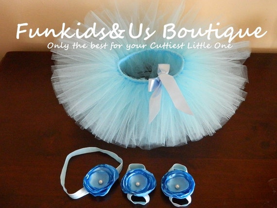 Baby Tutu Skirt- Light blue Tutu with barefoot sandals and headband ...