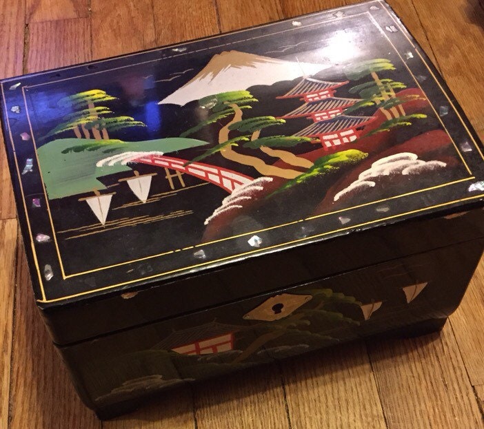 Vintage Japanese Black Lacquer Jewelry Box with Key Haute Juice