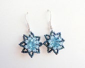 CIJ Sale, Blue Little Stars Beaded Earrings, Blue Swarovski Earrings, Blue Star Earrings, Star Beaded Earrings, Sterling Earrings,CIJ Sale