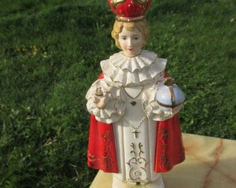 Large Antique Child Jesus Statue Painted Ceramic Infant of Prague Statue 11.8"