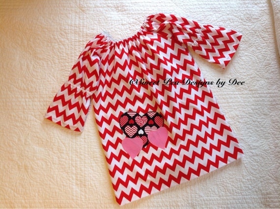 Red chevron Valentine dress, toddler dress, girls dress, heart dress,boho sleeve, peasant style dress,red and white dress,pink hearts,