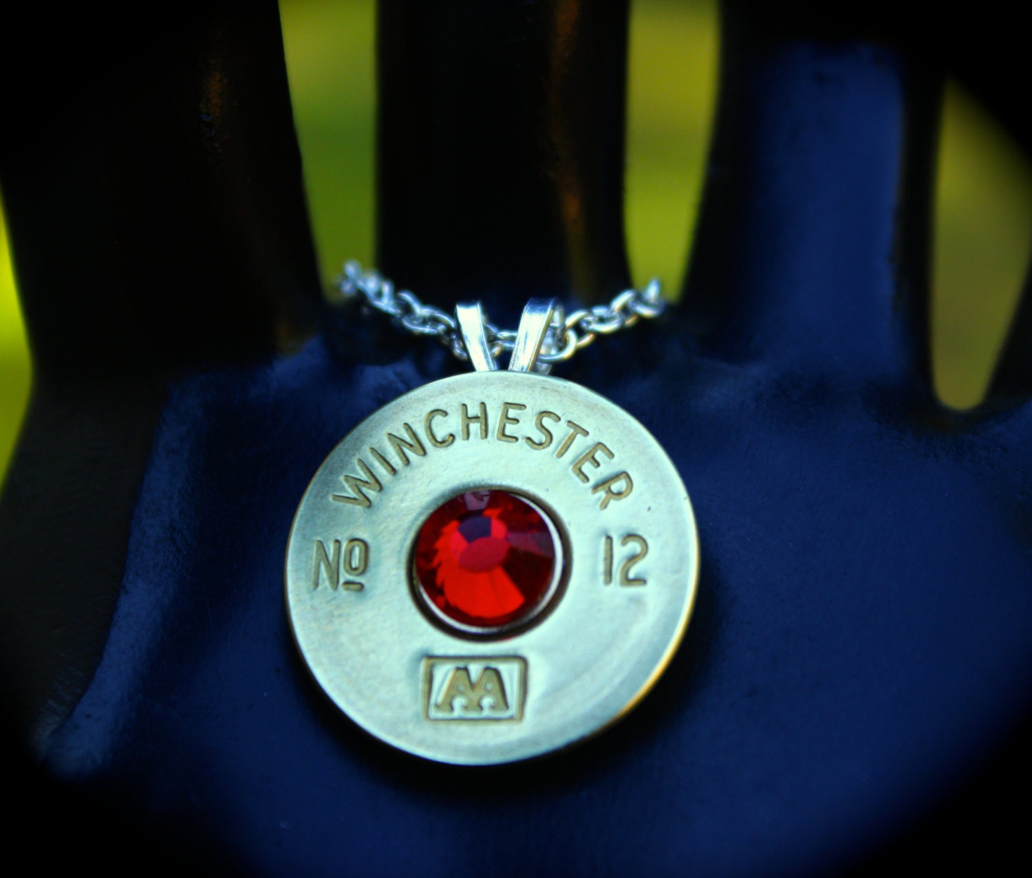 12 Gauge Shotgun Shell Necklace Brass Casing Siam Crystal
