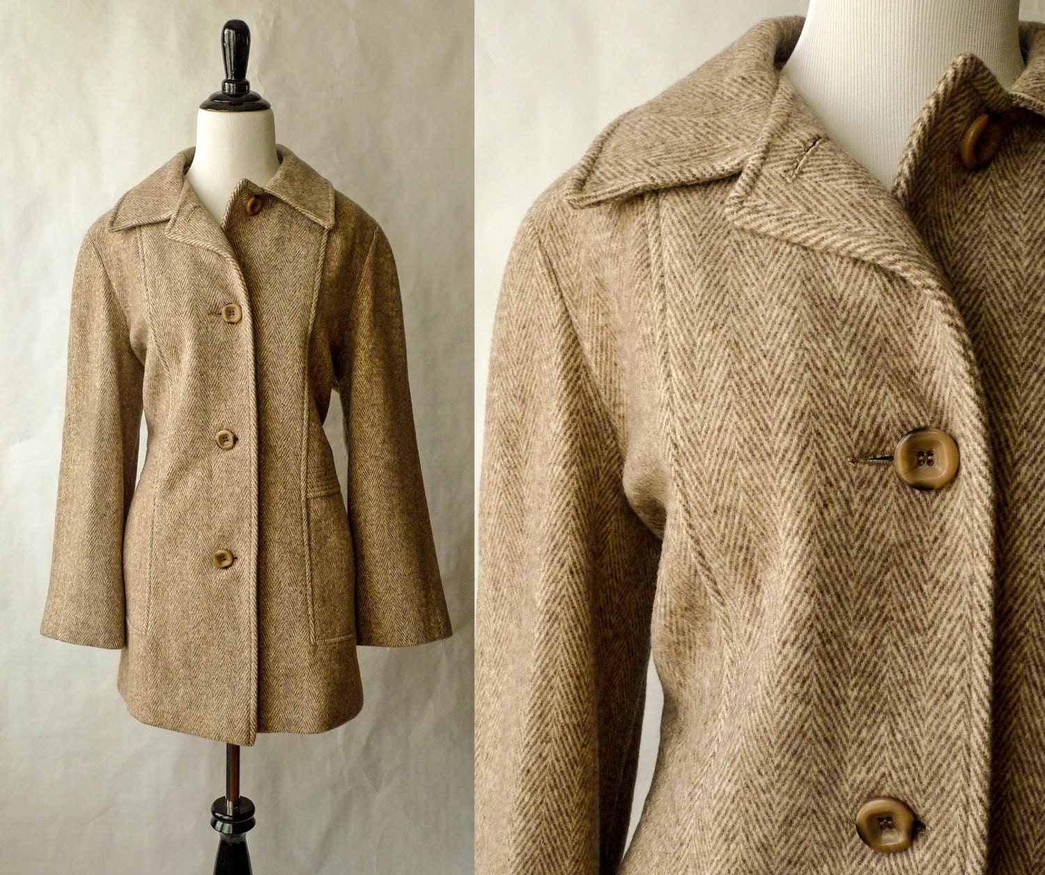 80s Tan Wool Herringbone Tweed Coat Womens by VelvetWillows