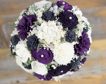 Bridal Bouquet,Sola Flower Bridal Bouquet,Pantone,Egg Plant, Dark Purple, Purple Gray Bridal Bouquet,Handmade Bridal Bouquet, Rustic Bouquet