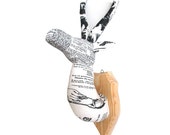 Antelope 2 â€” textile head trophy, wooden wall plaque, cotton, medallion, handmade, newspaper, taxidermy, fauxidermy, white black, OOAK
