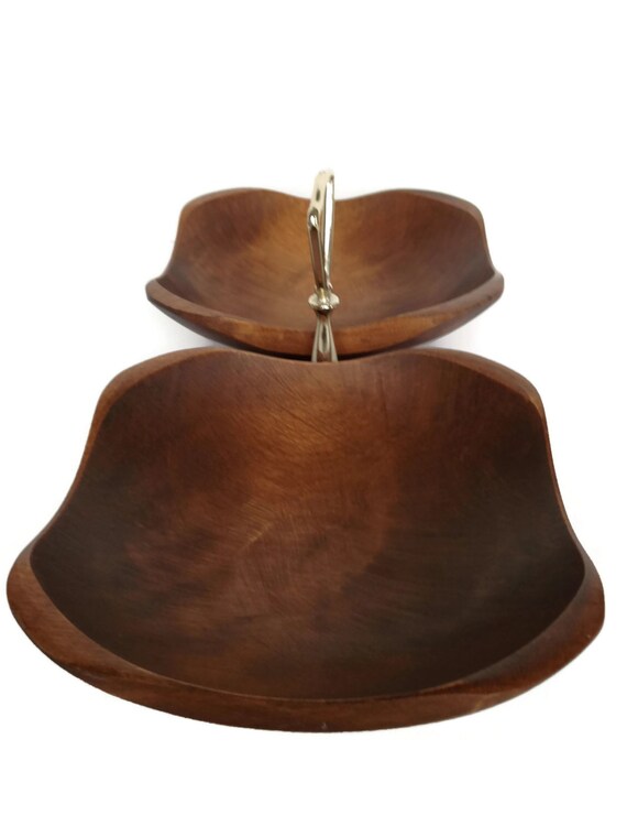 Vintage wood nut tray double dish snack caddy mid century