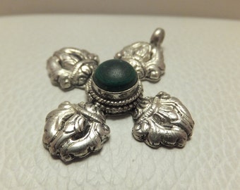 Buddha Silver Dorja Pendant with Green Stone, Vintage