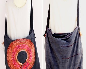 Bag handmade vintage Woven Cotton HEMP Native Thai Tribal Ethnic Hmong Textile Striped