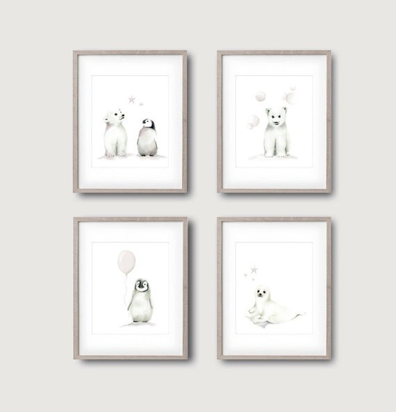 Arctic Animal Nursery Art Set of 4 Grey Nursery Penguin