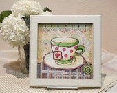 Tea Cup Painting Original Mixed-Media Collage Painting by Kim Roluti