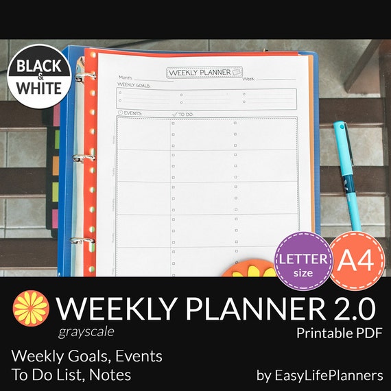 weekly planner black and white printable a4 by easylifeplanners