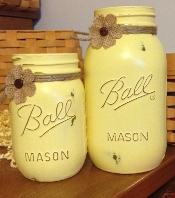 Painted Mason Jars. Set of Yellow Chalky Finish includes One