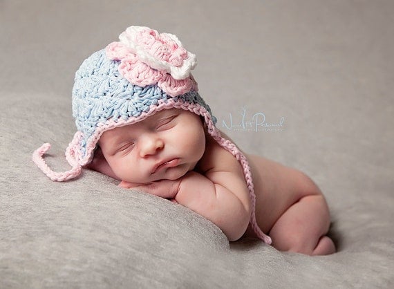Hand Crochet Baby Shell Earflap Hat with Flower in Cotton