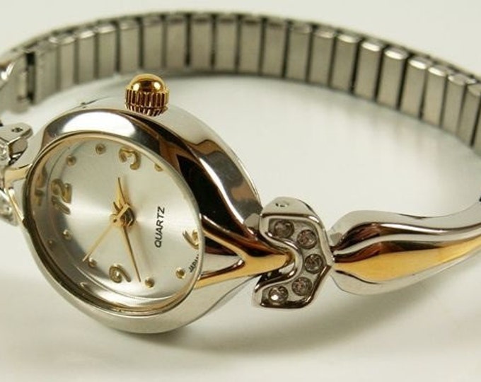 Storewide 25% Off SALE Delicate Vintage Ladies Elegant Quartz Silver and Gold Tone Watch Featuring Decorative Rhinestone Embellished Bracele