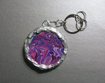 CLEARANCE SALE - Keychain - Key Fob - Disc - Silver Frame With Purple Marblizing - 2 Sided - Textured - Handmade - OOAK
