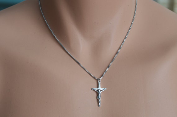 Mens cross necklace in sterling silver on oxidized sterling silver box chain.