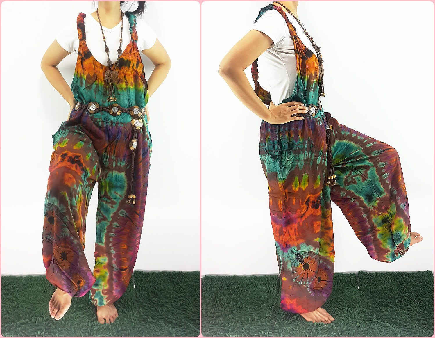 Rayon Tie Dyed Jumper Hippie Jumpsuit Pants Overalls