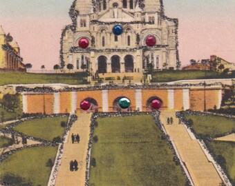 Architecture France 1950 Paris Montmarte Sacre Coeur Basilica W Glitter&Colored Stones Postcard
