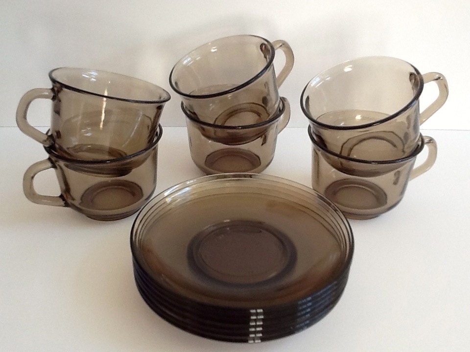 Arcoroc France Smokey Fume Set of 6 Glass Tea Cups & by GentlyKept