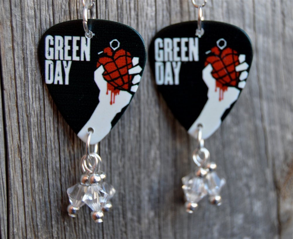 Green Day Grenade Album Guitar Pick Earrings With Crystal