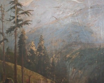 Antique European landscape forest oil painting