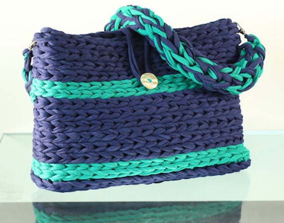 Crochet XXL - Bolso de trapillo Azul marino rayas verde, Ãºnico