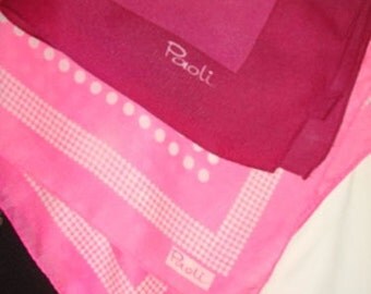 2 Vintage Signed Paoli Polyester Scarves Hot Pink Wine Polka Dots Maze 614