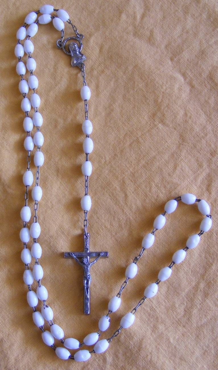 Vintage Catholic Rosary Made in Italy White Glass Beads EUC