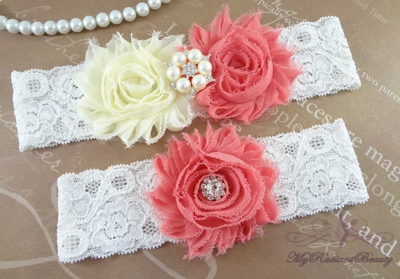 Bridal Garter, Garter, Wedding Garter, Chiffon Rosette Ivory and Coral Red Garter, Belt, Sexy Garter, Handmade Garter, Garter Set GTF0026CR