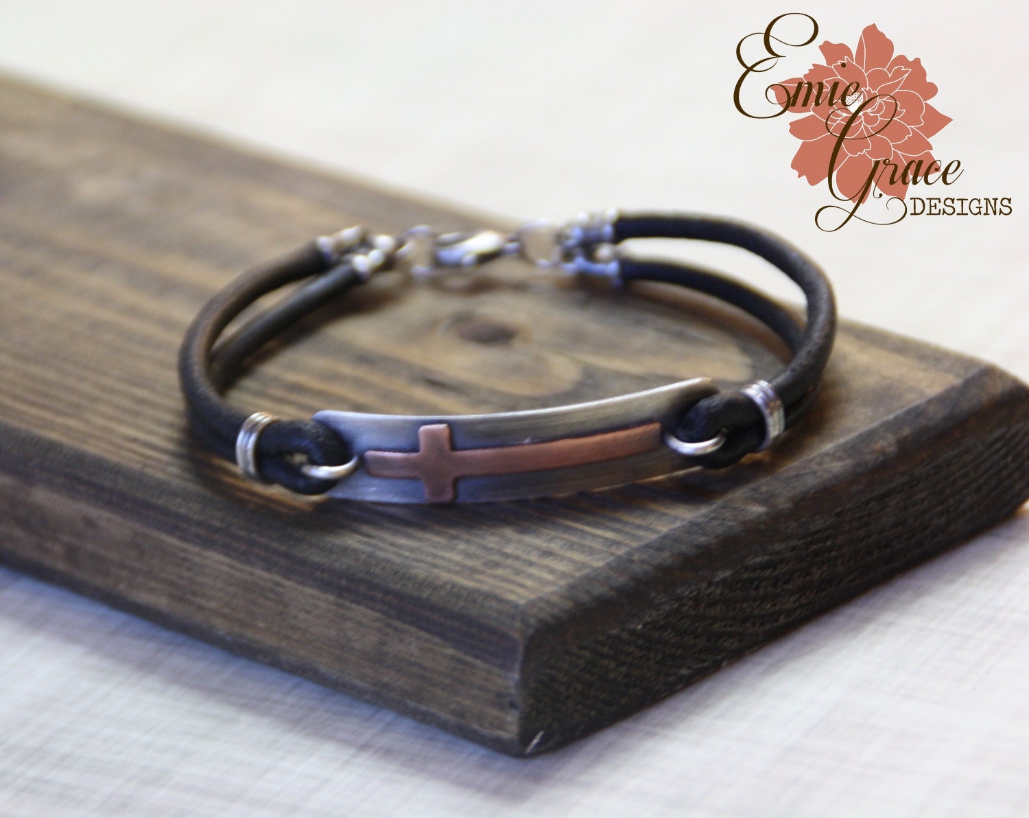 Men's Cross Bracelet Sterling Silver Bar Copper Cross