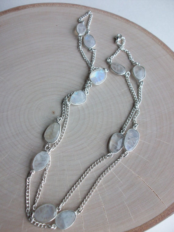 Rainbow Moonstone Station Chain Necklace Unique Rainbow