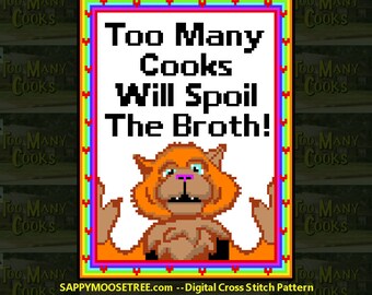 Too Many Cooks Will Spoil The Broth! Smarf Orange Cat digital cross stitch art pattern from Adult Swim Pattern includes DMC suggested colors