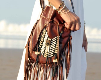 ON SALE Brown leather bag, medium size, boho purse, fringe handbag, leather shoulder bag