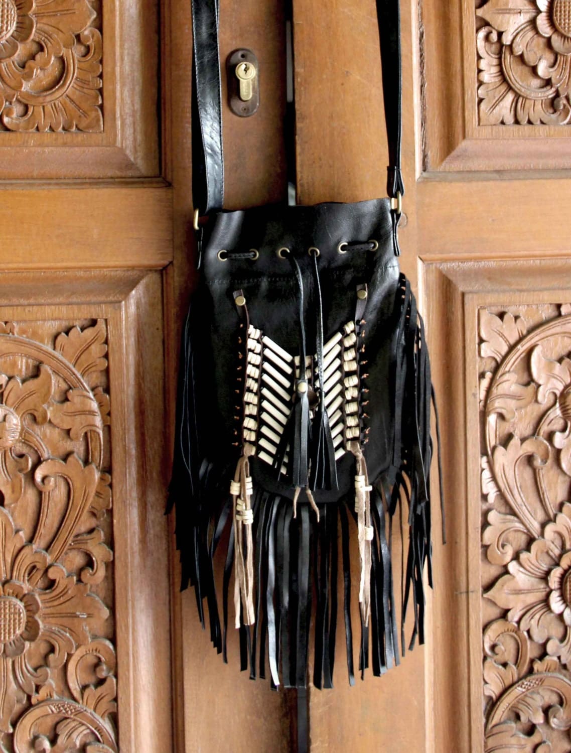 ON SALE boho leather bag black medium fringed bag leather