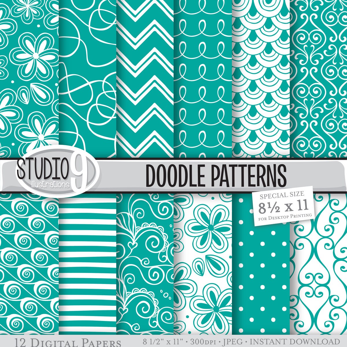 Teal Digital Paper: DOODLE PATTERNS Pattern Print Teal