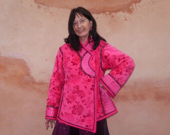 Mongolian jacket, ethnique, asian, in printed fushia velvet. Winter. Ribbons. Nomad look. Unique creation.