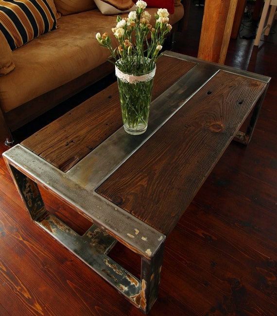 Handmade Reclaimed Wood & Steel Coffee Table Vintage Rustic