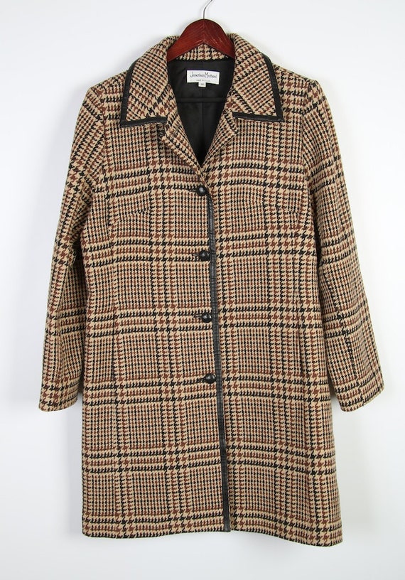 Vintage 80's Plaid Wool Blend Womens Coat Brown Long