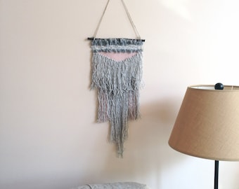 SALE// Hand Woven Wall Hanging / Tapestry / Weaving//Grey/Pink/Vintage Lace