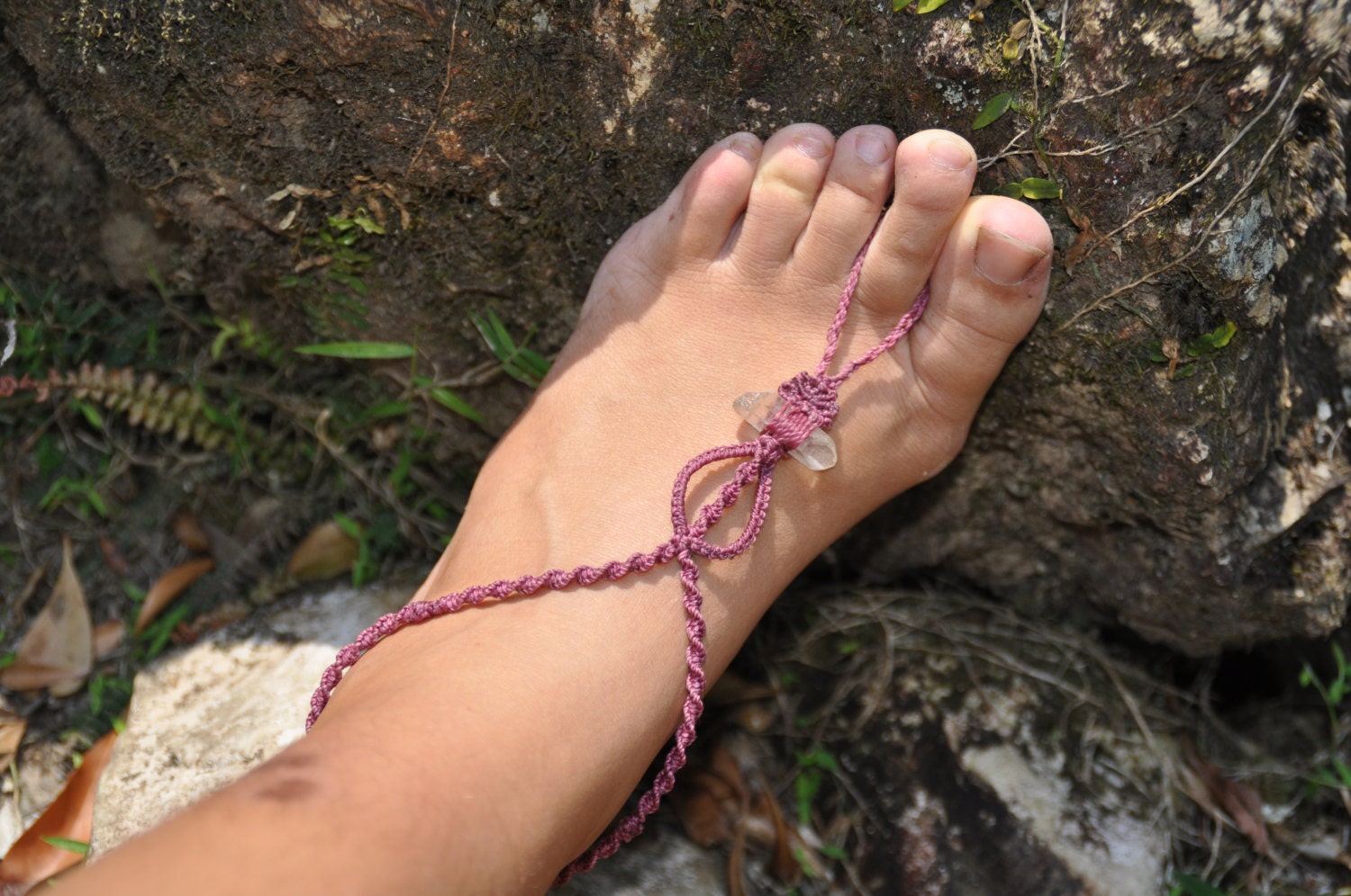 Quartz Crystal Spiral Macrame Barefoot Sandal by knotlovecreations