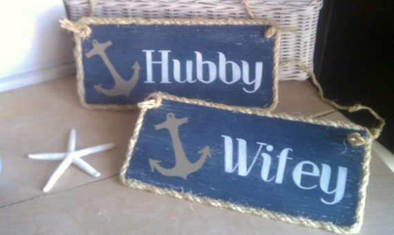 Nautical Wedding Signs Hubby & Wifey Chair Signs with Anchor Navy Blue Wedding Decor READY TO SHIP